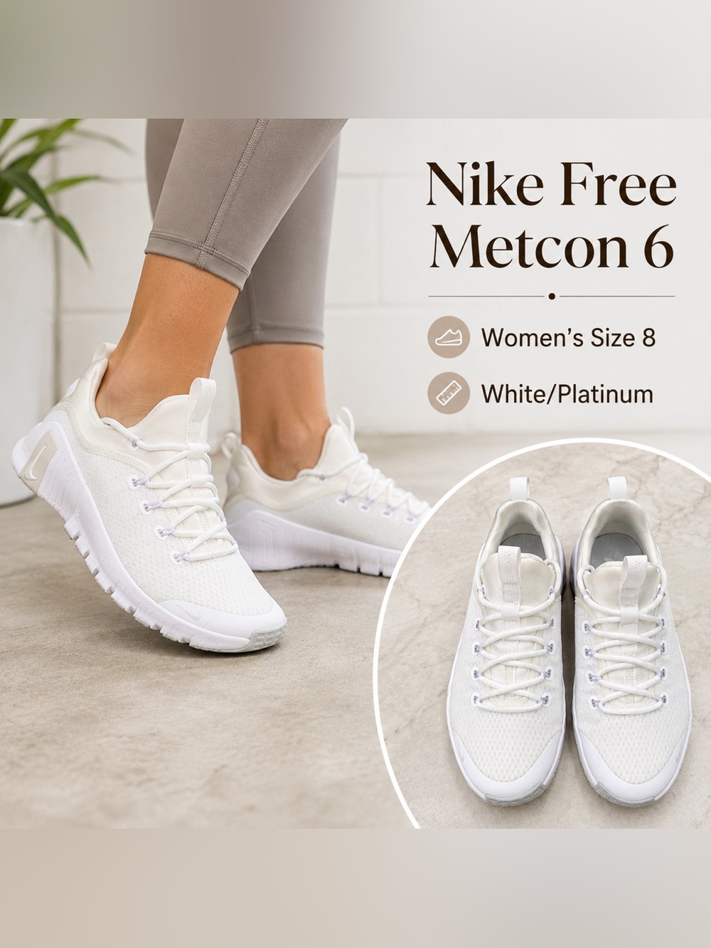 Nike Free Metcon 6 Women’s Size 8 White Platinum Training Workout Shoes